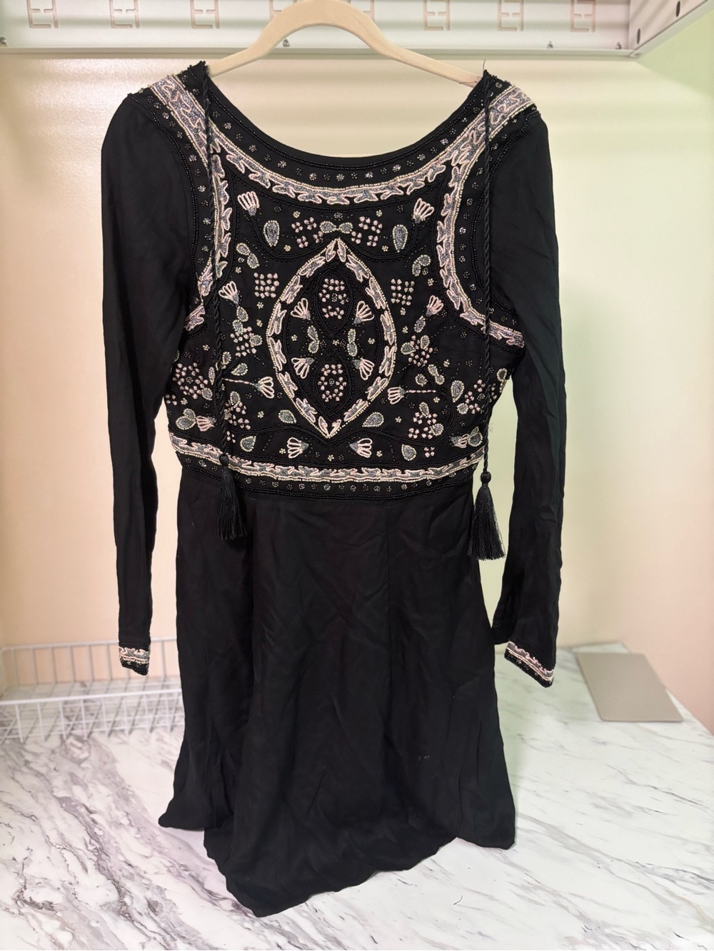 H&M Black Long-Sleeve Embroidered Tunic Dress with Tassels